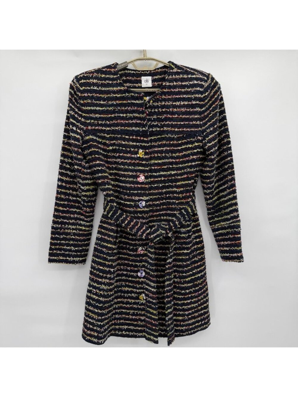 Cabi Womans Navy Headline Topper Multi Stripe Flower Accent Tweed Coat Size 10